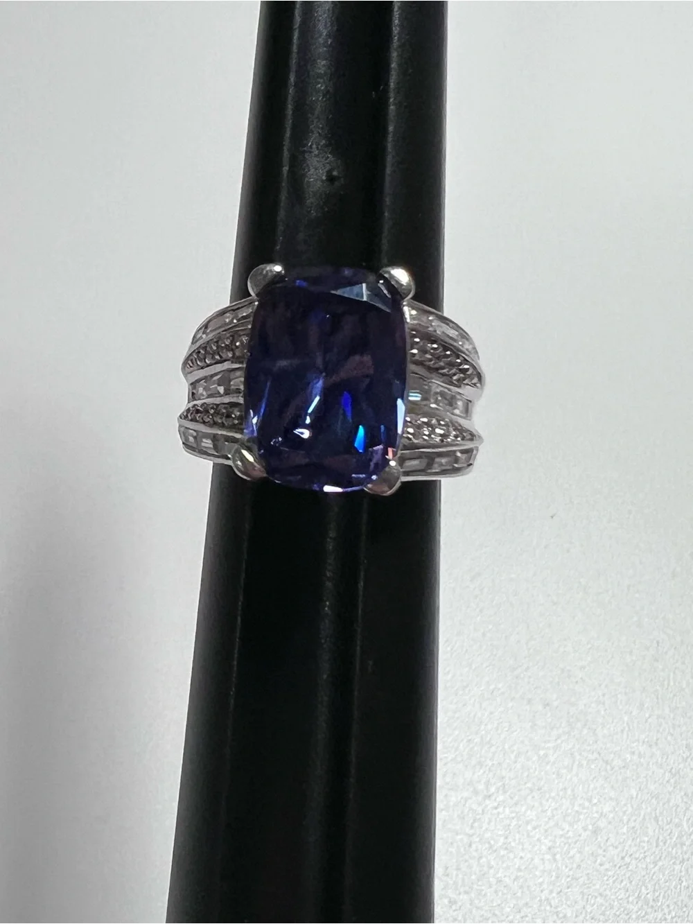 925 Sterling Silver Blue CZ Ring Cushion Cut Stone Set w/ Clear Accents Size 7
